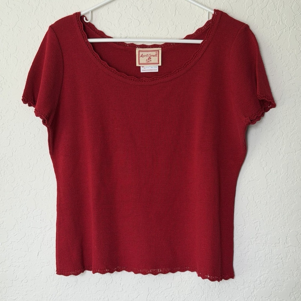 Vintage April Cornell Knit Top Women's Medium Crochet Trim Cottagecore Prairie